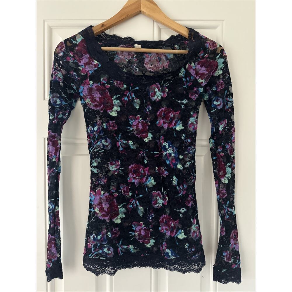 Free People Vintage Y2K 90s Navy Purple Roses Floral Lace Sheer Shirt Top XS
